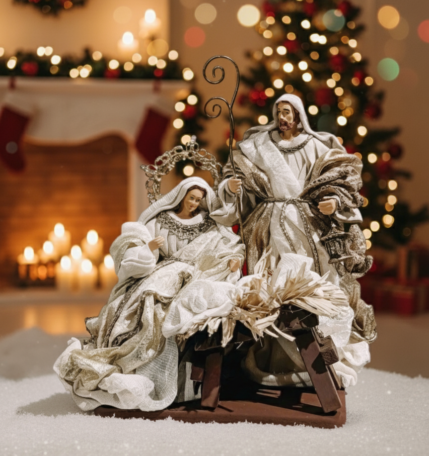 Holy Family Nativity Scene Set, Christmas Nativity Figurines, Mary Joseph Baby Jesus Decor, Gold Holiday Table Display, Religious Gift